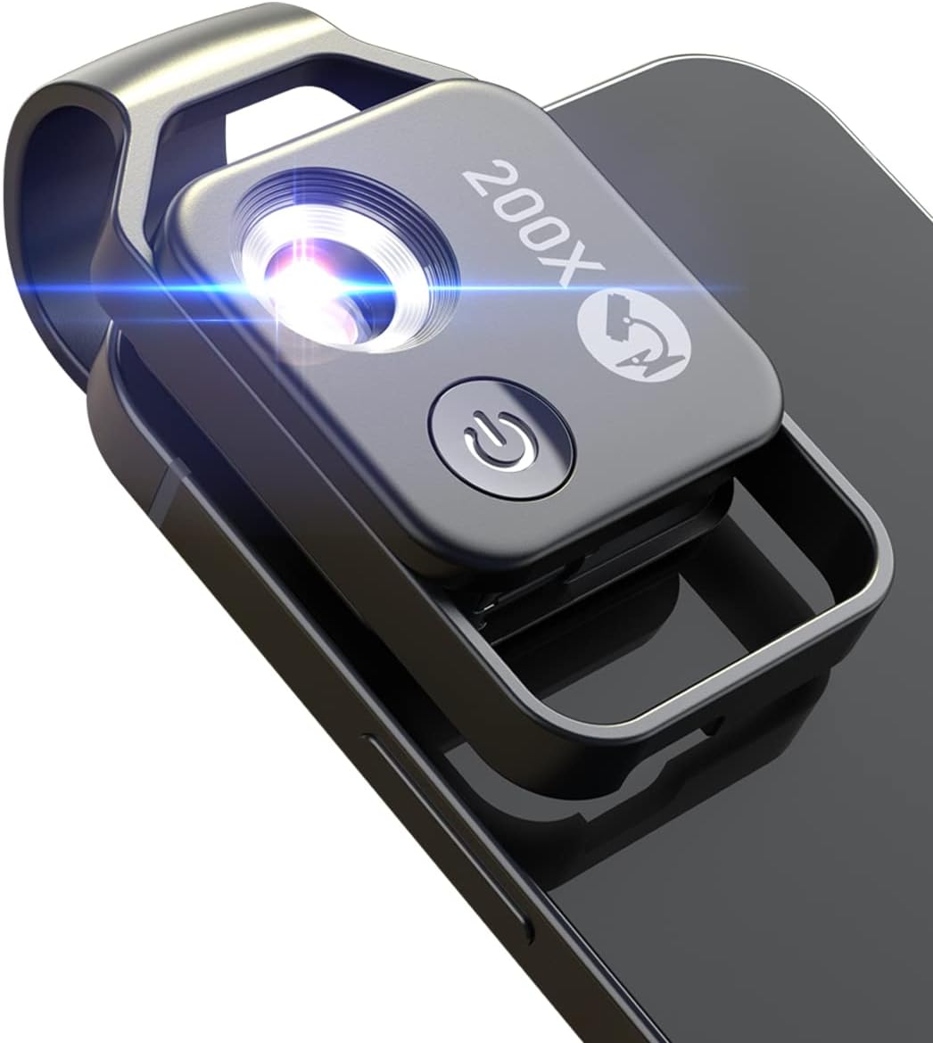 200X Phone Mini Pocket Microscope with LED Light/Universal Clip, Portable Digital Microscope Camera Attachment